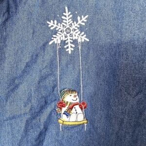 Lemon Grass Christmas embroidered denim button down long sleeve shirt